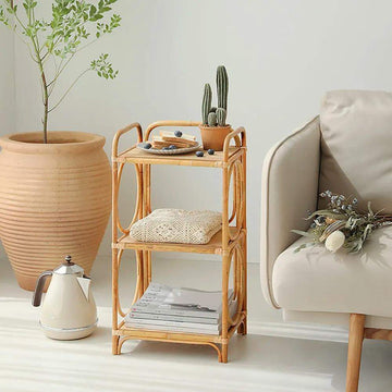 Farmhouse Wood Side Table with 3-Tier Rattan Woven End Table-Richsoul-End & Side Tables,Furniture,Living Room Furniture